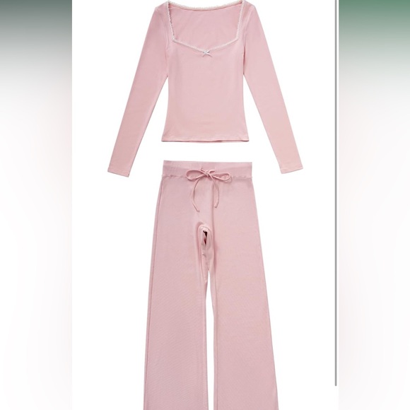 Pink Women’s Lounge Set Lace Square Neck Long Sleeve Top & Wide Leg Pant - Picture 5 of 15